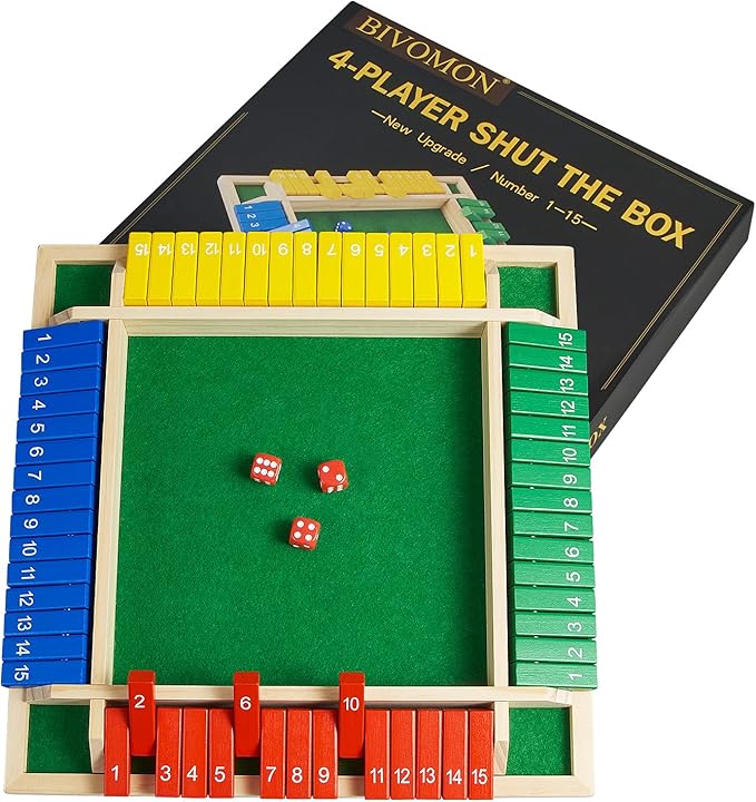 Upgrade Shut The Box Dice Game 1-4 Player, Wooden Board Table Math Games with 16 Dices, Classics Tabletop Version Games for Kids & Adults, Home, Classroom, Party or Pub (14 Inches)