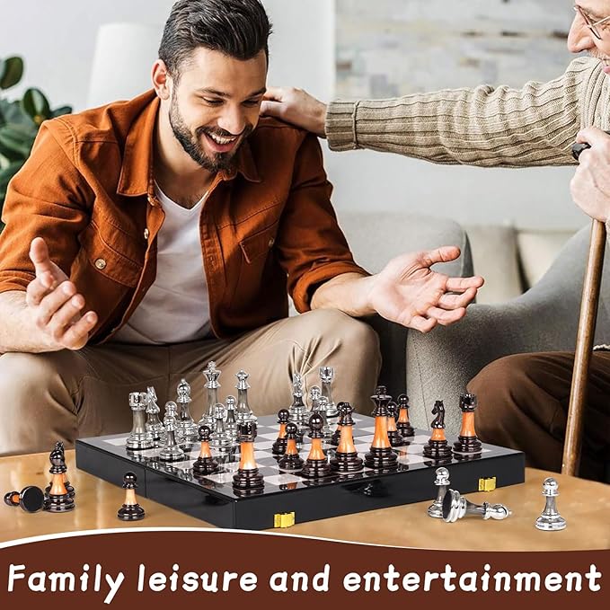 15" Large Chess Set for Adults Kids with Weighted Acrylic Chess Pieces 3.5" King & Portable Folding Marbling Wooden Chess Board Travel Chess Sets Family Board Game Gift – Elegant Classic Chess Game