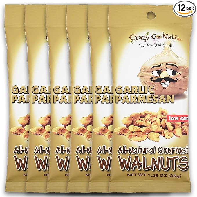 Crazy Go Nuts Walnuts Garlic Parmesan - Healthy Snacks, Keto, Low Carb, Gluten Free, Superfood-Natural, ALA, Omega 3 Fatty Acids, Good Fats, and Antioxidants - 1.25 Oz, 6-Pack