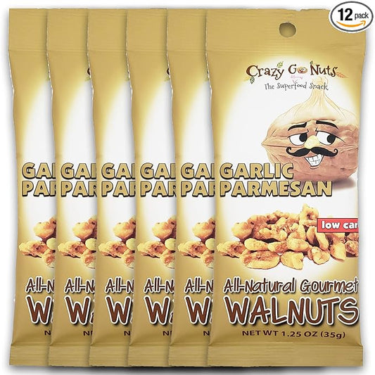Crazy Go Nuts Walnuts Garlic Parmesan - Healthy Snacks, Keto, Low Carb, Gluten Free, Superfood-Natural, ALA, Omega 3 Fatty Acids, Good Fats, and Antioxidants - 1.25 Oz, 6-Pack