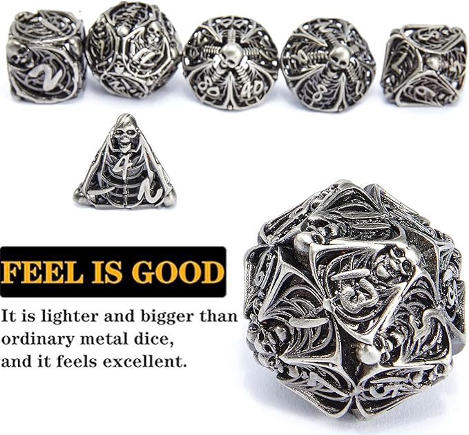 Metal Skull Dice Set Hollow Multi-Sided Dungeons & Dragons Dice 7CPS Role-Playing Dice Set with Flannel Bag Suitable for D&D Board Game Cards(Antique Nickel)