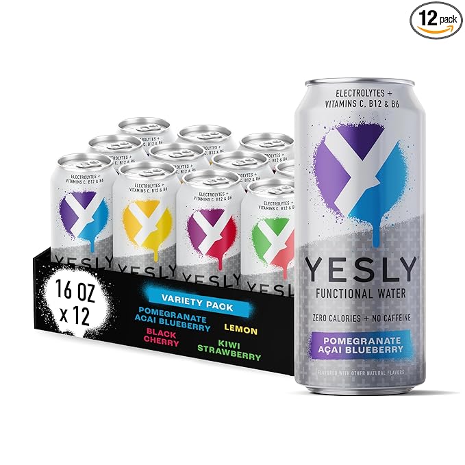 Yesly Functional Water, Variety Pack, Naturally Flavored Still Water with Electrolytes, Magnesium, Potassium, Vitamin C, B6 & B12, Zero Sugar, No Artificial Sweeteners, 16 Fl Oz Cans, 12 Pack