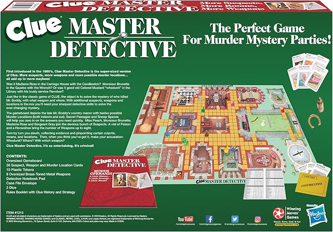 Clue Master Detective With Oversized Brass Tone Metal Weapons by Winning Moves Games USA, Largest Game of Clue Ever, for up to 10 Players, Ages 10 and Up