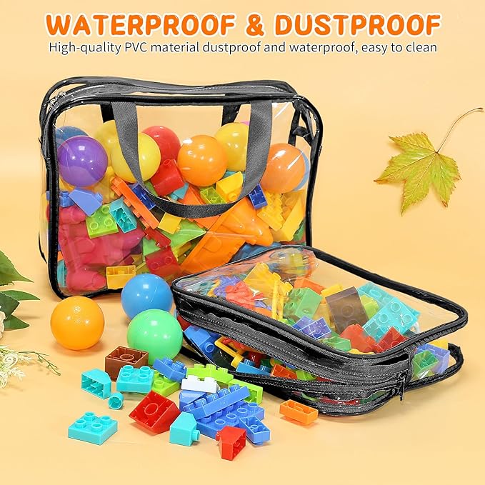 9 Pcs Toy Storage Bags, Clear PVC Toy Organizer Bag Include 6Pcs Large Handheld and 3Pcs Medium Zipper Bags with Labels for Organizing Board Game, Building Blocks (Black)