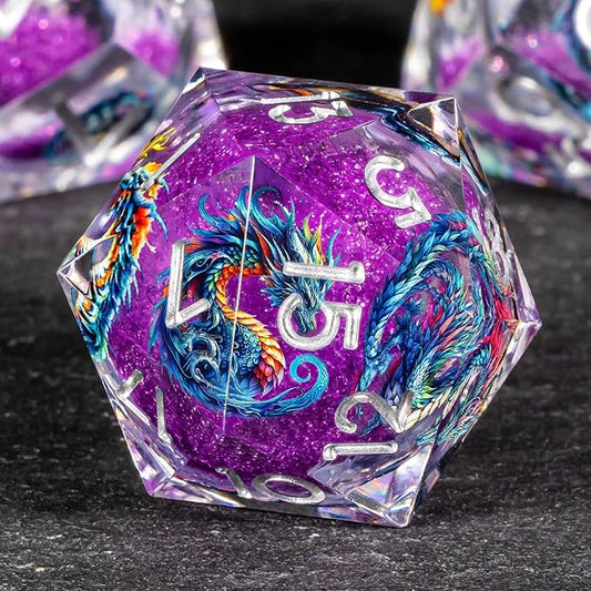 OUKELANWO Liquid Core Dragons Stickers DND Dice Set D&D, 7Pcs Dungeons D and D Role Playing Dice with Gift Box, Resin Sharp Edge Dice D20 D12 D10 D8 D6 D4, Purple White
