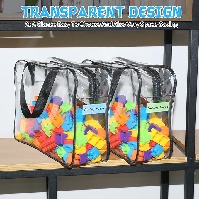 9 Packs Clear PVC Toy Storage Bags Include 6 Pcs Large and 3 Pcs Medium Toy Organizer Bags with Labels, Portable Handheld Zipper Bags for Organizing Board Game, Building Blocks, Puzzle, Kids Books