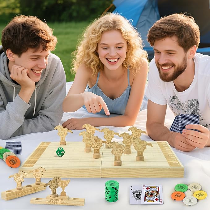 Magnetic Horse Race Board Game, Party Games with Magnet Wood Board, 12 Horses, 2 Pokers, 100 Chips, Fair Horse Racing Game, Smooth Gameplay, Game Nights, Luxurious Gift, Edyfico GSM301