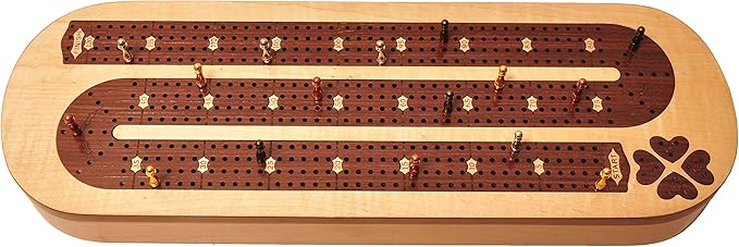 PALM ROYAL HANDICRAFTS 4 Track Wooden Cribbage Board Set Inlaid in Rosewood and Maplewood with pegs and Cards. Storage Available. 4 Player Cribbage Board (15 x 5 Inches)