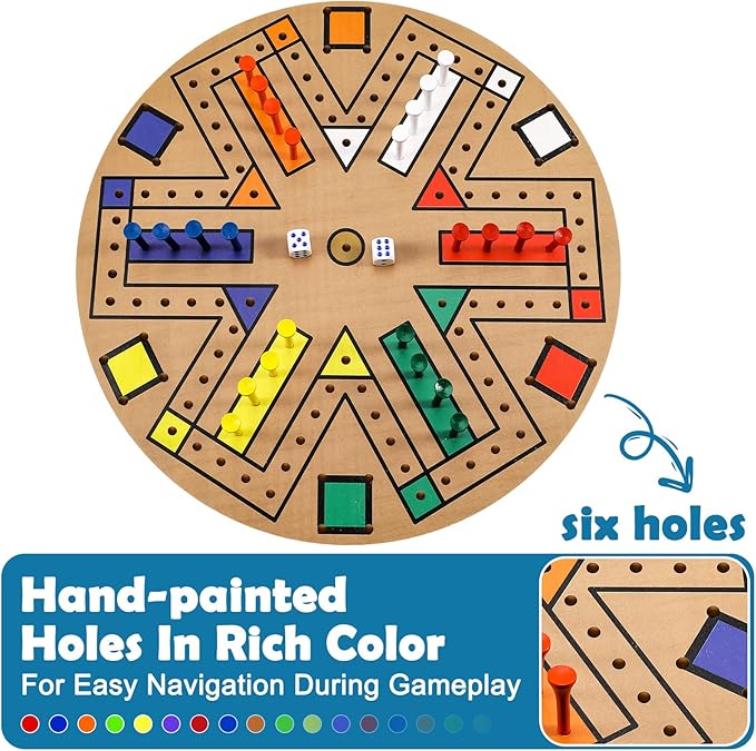 Kathfly Fast Track Board Game Wooden 3-6 Players Board Game Set with 24 Board Game Pieces and 2 Dice, Fast Track Game Night for Adult Teens Family Game, 6 Colors (14.2 Inch)