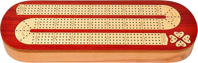 PALM ROYAL HANDICRAFTS 4 Track Wooden Cribbage Board Game Set Inlaid in Blood Wood and Maple Wood with pegs and Cards Storage Available. 4 Player Cribbage Board Game (15 x 5 Inches)