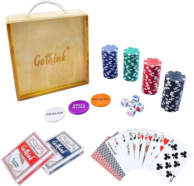 GOTHINK Classic Poker Chip Starter Game Set with 100 Professional Poker Chips, 2 Deck of Cards, 5 Dices & 3 Buttons, Poker Set Suitable for Texas Hold'em Blackjack Gambling Adults Kids Beginners