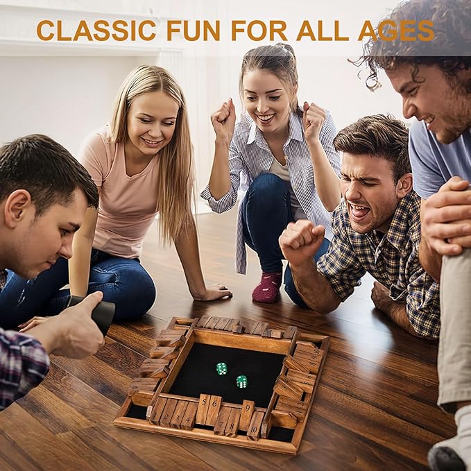 Shut The Box Dice Game with 16 Dice,1-4 Players Wooden Board Table Math Game for Kids Adults, Classic Dice Board Game for Classroom,Home,Party or Pub（12 inches）