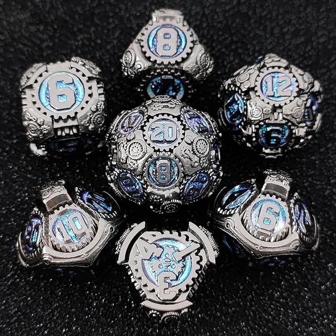 Geakeeper Construct D&D Dice, Metal DND Dice Set, 7Pcs Polyhedral Dragon Metallic D&D Dice with Gift Case for Dungeons and Dragon Game, RPG Role Playing Table Game Gifts (Rolling Blue)