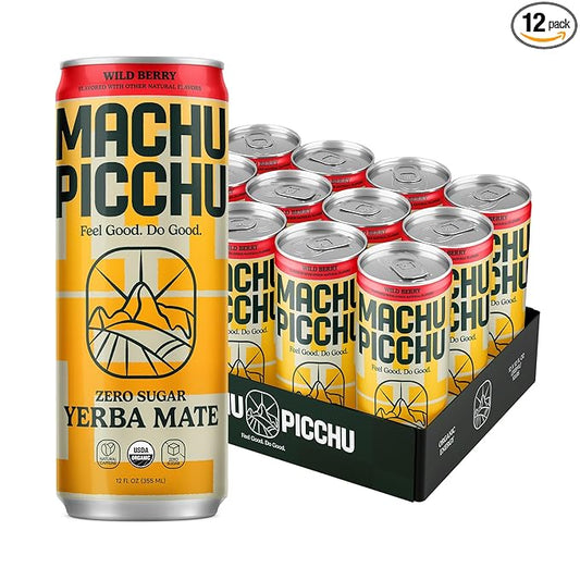 MACHU PICCHU ENERGY, Zero Sugar Yerba Mate, Clean Energy Drink Alternative, 12oz (Pack of 12) - 120mg Organic Green Coffee Bean Caffeine, Low Calorie, USDA Organic, No Artificial Flavors (Wild Berry)