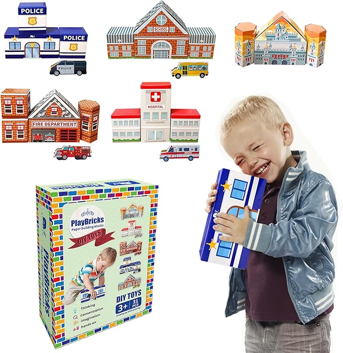 Cardboard Building Blocks, 31 Pack for Kids Jumbo With 5 Building Designs, Thick Pretend Brick Blocks for Building and Stacking Game