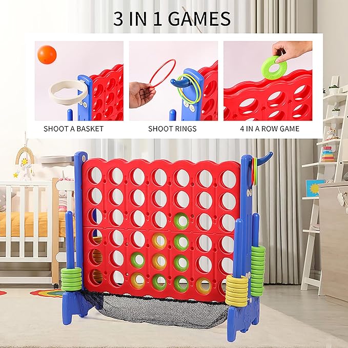 Giant 4 Row Game with Carrying Bag and Mesh Fabric .Giant 4-to-Score Game Set Suitable for Indoor and Outdoor Holiday Parties and Family Gatherings.（ Blue red）