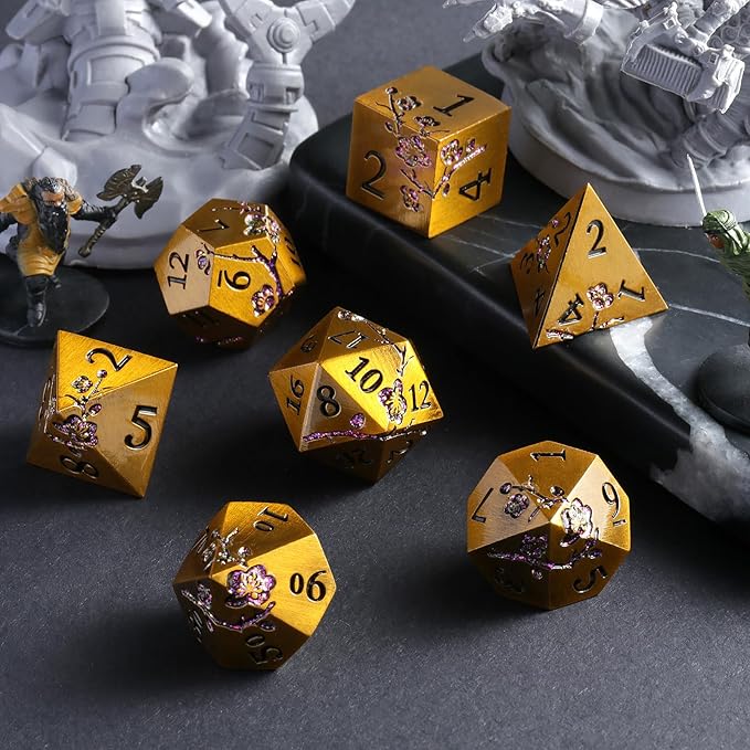 DNDND Flower Metal DND Dice, 7 PCS Heavy Solid Metallic Dragon Dice Set with Gorgeous Gift Case for D&D Dungeons and Dragon Tabletop Game (Ancient Brass)