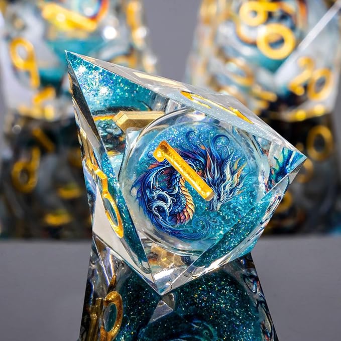 Dragon Pattern Liquid Core DND Dice Set, 7Pcs Sharp Edge Dice with Gift Box, Resin Blue Dungeons Dragons D and D Role Playing Dice D20 D12 D10 D8 D6 D4