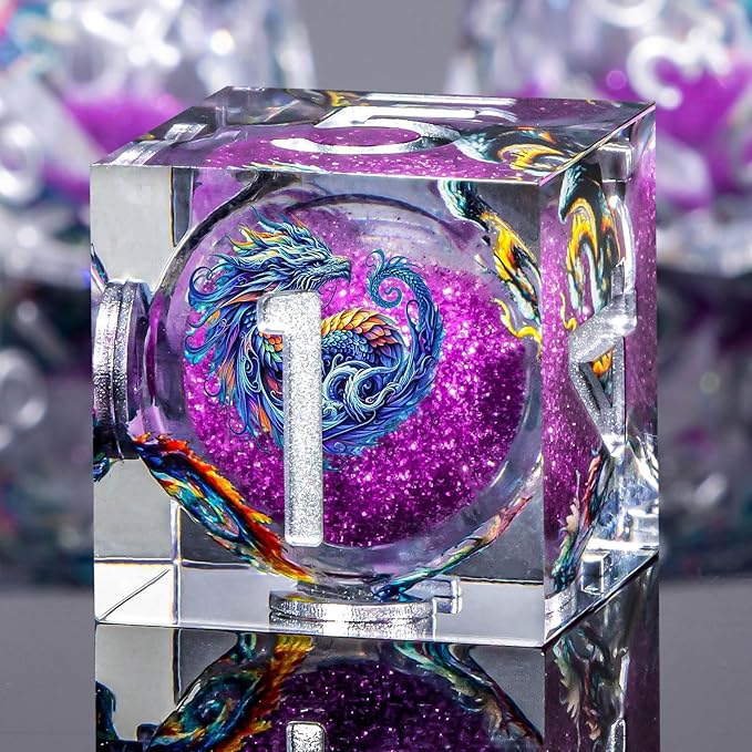 Dragon Pattern Liquid Core DND Dice Set, 7Pcs Sharp Edge D&D Dice with Gift Box, Resin Purple Dungeons Dragons D and D Role Playing Dice D20 D12 D10 D8 D6 D4
