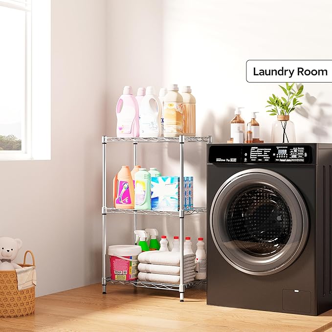 3 Tiers Shelf Metal Storage Shelves Wire Rack Closet Organizers with Wheel for Garage Kitchen Bathroom Laundry Chrome 11.8" D x 17.7" W x 28.8" H