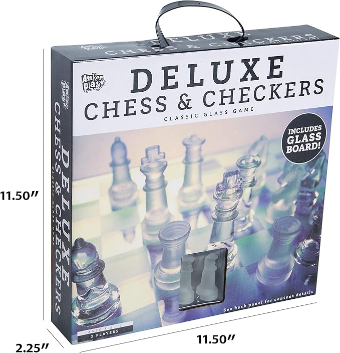 Glass Chess and Checkers Set - Premium Glass Game Kit - Includes 1 Glass Board with 32 Clear and Frosted Checkers Pieces & 32 Clear and Frosted Chess Pieces - Great for Ages 6+