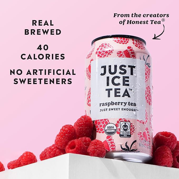Just Ice Tea, Raspberry Flavored Black Iced Tea, 24-Pack (12oz Cans), USDA Certified Organic, Low Calorie, No Artificial Sweeteners, Fair Trade, Made in USA.