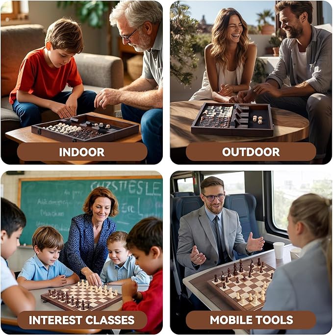 15'' Wooden Chess Set with Shut The Box Game, Magnetic Chess Board-2 Extra Queens-Pieces Storage Slots, Wooden Board Table Math Game, 2-in-1 Folding Board Game Set for Kids, Adults,Beginner