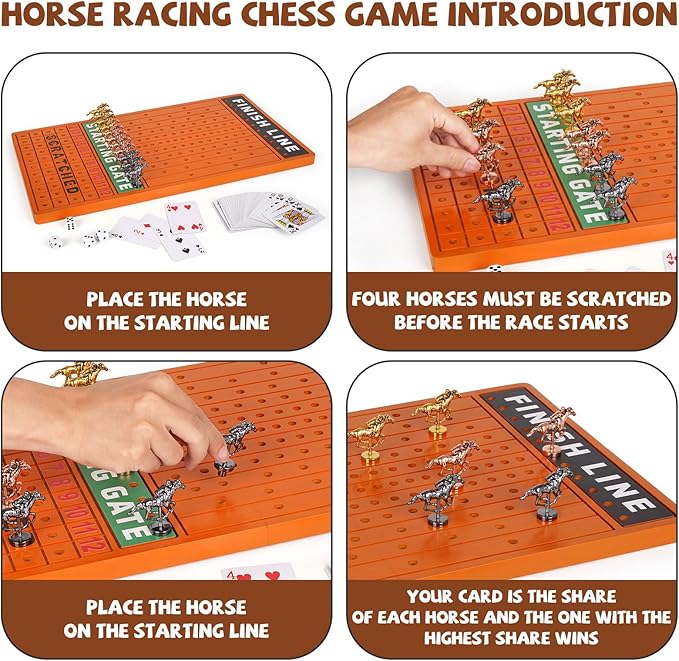 3-in-1 Horse Race Board Game &Checkers & Tic-Tac-Toe ，3 in1 Wooden Board Game Set for Kids & Adults Travel Family Foldable Horse Racing Board Game with 11 Metal Horses Interactive Strategy Game