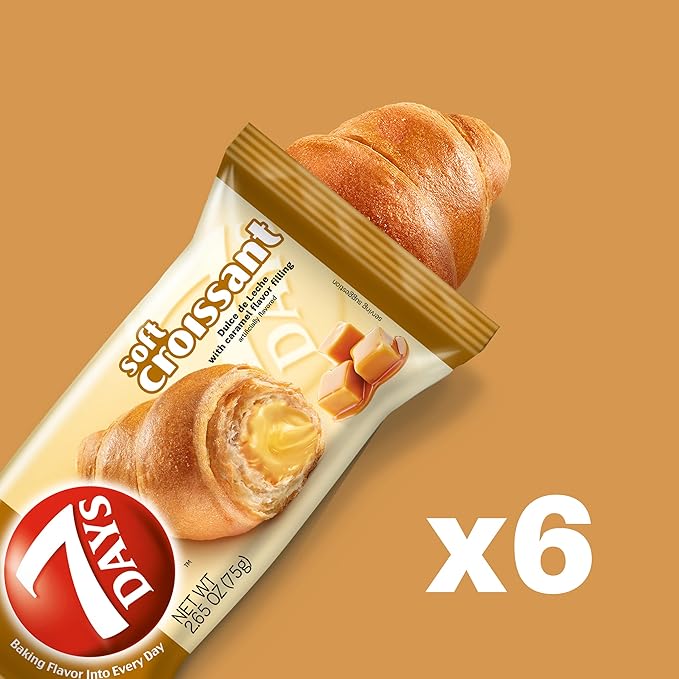 7Days Soft Croissant, Caramel - Dulce De Leche, Breakfast Pastry, Individually Wrapped On The Go Snack, Non-GMO (Pack of 6)