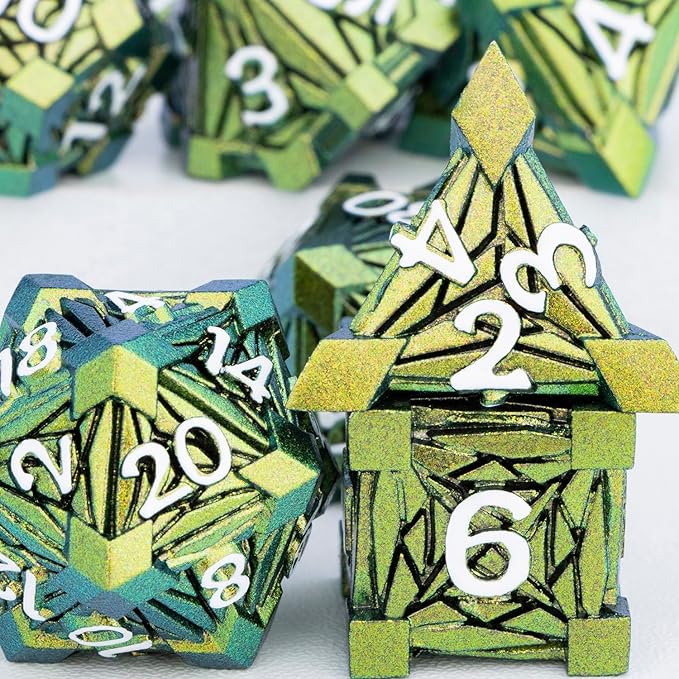 7PCS Metal DND Dice Set with Box, Debris RPG Green Yellow D and D Dice for use with D&D Tabletop Games Role Playing Game Polyhedral Dice Set D20 D12 D10 D8 D6 D4