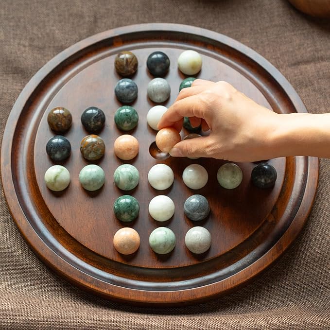 Deluxe Solitaire Game Set: 12.6'' Solid Wooden Board, 32 Natural Marble Balls, Single-Player Strategy and Smart Games
