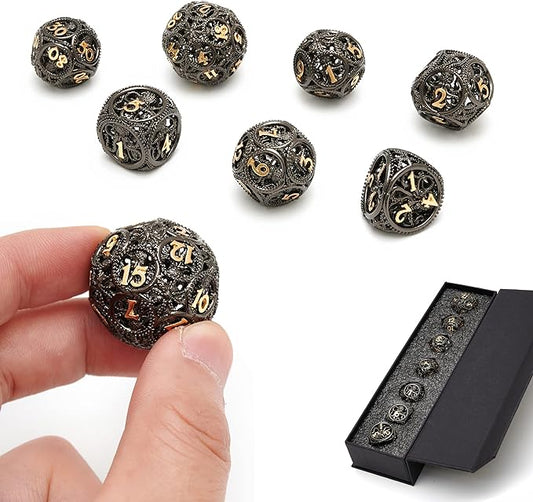 DND Dice,Hollow D&D Metal Dice,Unique Round Ball Design Octopus Dice with Gift Box for Dungeons & Dragon Gaming,7 PCs Steampunk Polyhedral D and D Dic(Ball Octopus Black Gold)