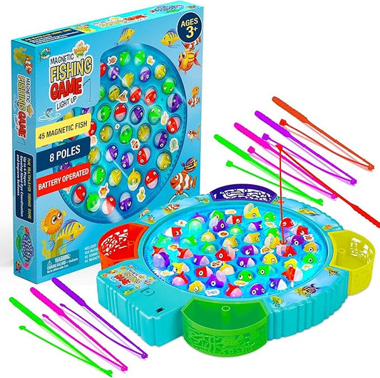 IPIDIPI TOYS Fishing Game for Kids, Light Up Magnetic for Toddlers - Rotating Fish Board with Music and LED, Fine Motor Skill Activity for Boys and Girls - 45 Fish, 8 Poles