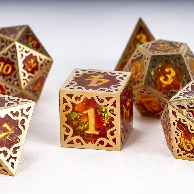 Cusdie 7-Piece Metal Frame Sharp Edges DND Dice Set with Metal Frame- Perfect for Tabletop RPGs Board Games Gifting and Collecting(Red and Yellow)
