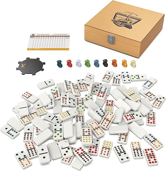 Spin Master Games, Yellowstone Mexican Train Dominoes Set, Classic Tile Board Game in Wood Case for Family Game Night, Modern Dominoes, for Adults and Kids, 2-8 Players Ages 8 & Up