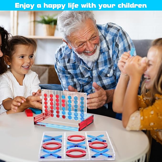 Set of 2 Acrylic Tic Tac Toe and 4 in a Row Game Classic Board Outdoor Games for Adults and Family Table Games Strategy Board Games for Living Room Table Guest Room Decor(Red and Blue)