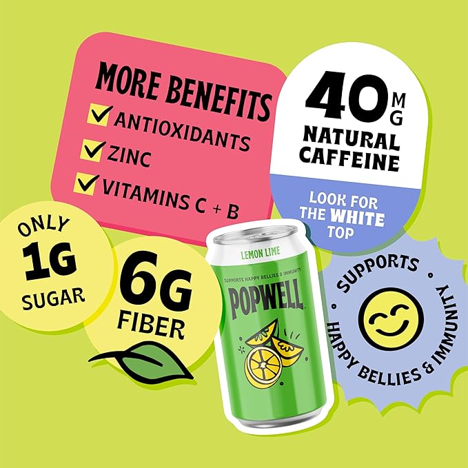 Popwell Lemon Lime Caffeinated Better-For-You Prebiotic Soda, with 6g Fiber, 1g Sugar, Vitamins and Immunity Support, 12 fl oz Cans (pack of 12)