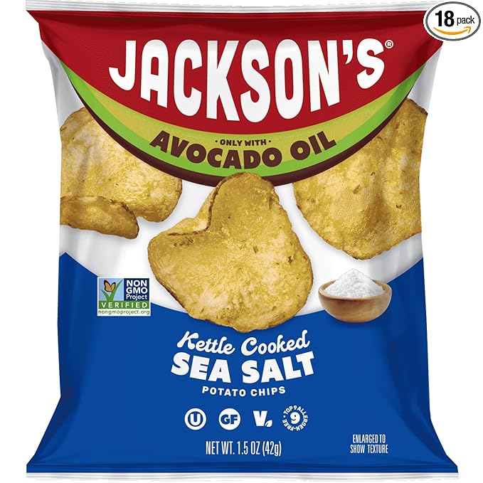 Jackson’s Potato Classic Kettle Chips with Sea Salt (1.5oz, Pack of 18) - Made with Premium Avocado Oil - Allergen-friendly, Gluten Free, Peanut Free, Vegan, Kosher - Shark Tank Product