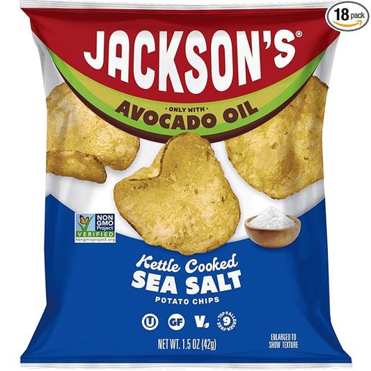 Jackson’s Potato Classic Kettle Chips with Sea Salt (1.5oz, Pack of 18) - Made with Premium Avocado Oil - Allergen-friendly, Gluten Free, Peanut Free, Vegan, Kosher - Shark Tank Product
