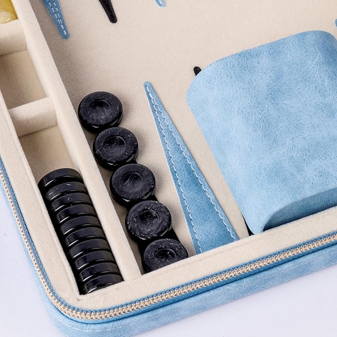 Backgammon Sets for Adults, Classic Board Game with Folding Leather Backgammon Case, Portable Travel Backgammon Game Set (Blue)