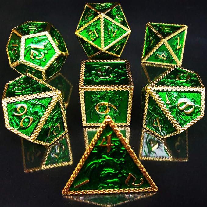HAOMEJA Dungeons and Dragons Dice Set - D&D Metal 6 Sided Polyhedral Dice for Pathfinder MTG Board Games - D20, D12, D10, D8, D6, D4 Golden Green