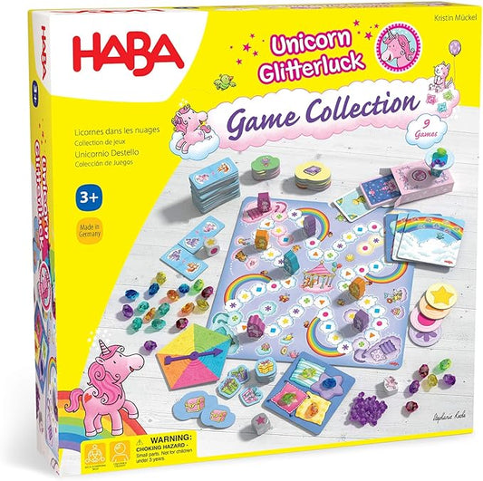 HABA Unicorn Glitterluck 9 Game Collection - Board Game Collection Fun Kids Games 4-8, Unicorn Toys & Games for Family Game Time