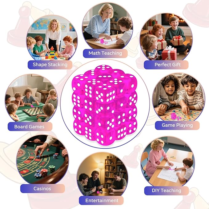 36 Pieces 12mm 6 Sided Mini Dice Set,Translucent Colors D6 Game Dice Set,6 Sided Standard Game Dice for Board Games Dice Games Classroom Teaching Dices Game,with Portable Gaming Box(Rose Red)