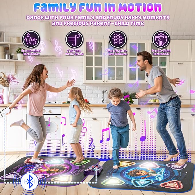 Dance Mat, 2025 Light Up 2-Player Opposing Dance Pad with Single & Double Player Modes, 12-Button Dancing Toys Music Games with Wireless Bluetooth, Birthday for 3-12 Year Old Boys Girls