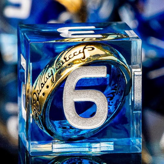 Magic Golden Ring DND Dice Set with Dice Box, Blue Resin Sharp Edge D and D Dice for use with D&D Tabletop Games Handmade Lord Polyhedral Dice Set D20 D12 D10 D8 D6 D4