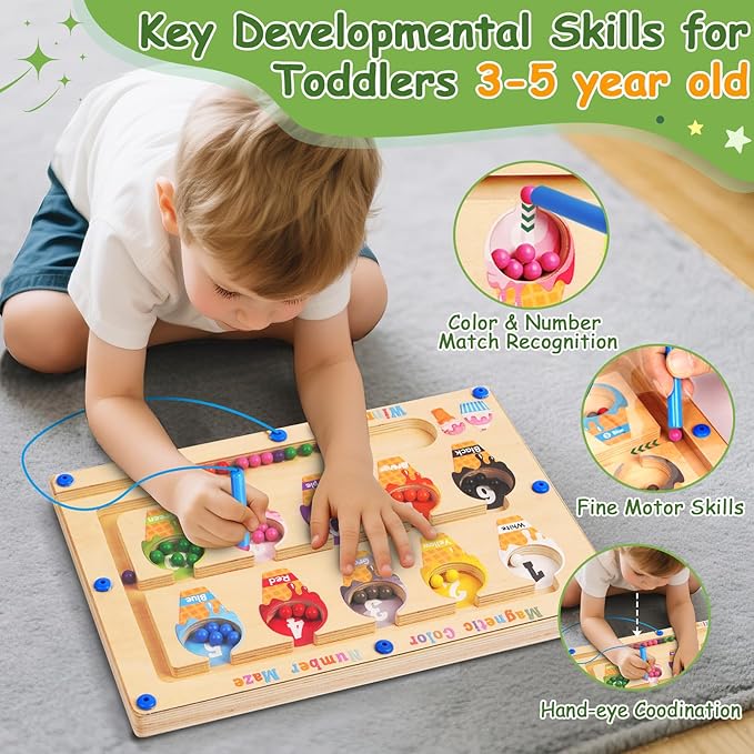 2 in 1 Double Side Magnetic Color and Number Maze, Montessori Magnetic Alphabet Maze Board Toys 3-5 Years Old, Wood Magnet Puzzle Learning Counting Matching Toys for 3 4 5 Todders Kids Girls Boys