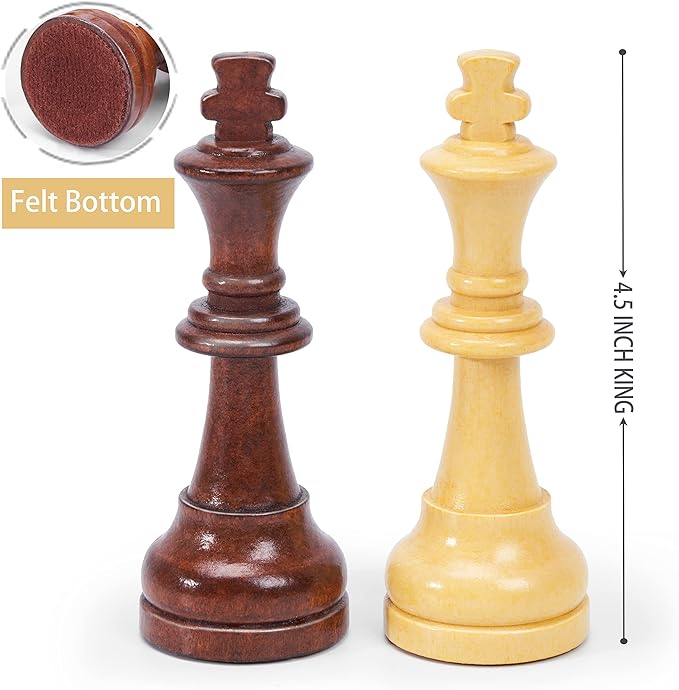 Vamslove Wooden Chess Pieces Large 4.5'' King Set of 32 Luxury Staunton Wood Chessmen for Chess Game Board (Chess Pieces Only), Velvet Storage Bags Included