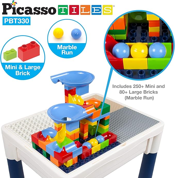 PicassoTiles Kids Activity Center Play Table & Study Desk Set Sandbox Water Tight Container Storage All-in-1 STEM Toy Kit Playset with 331pc Dual Size Building Bricks Construction Blocks Marble Run