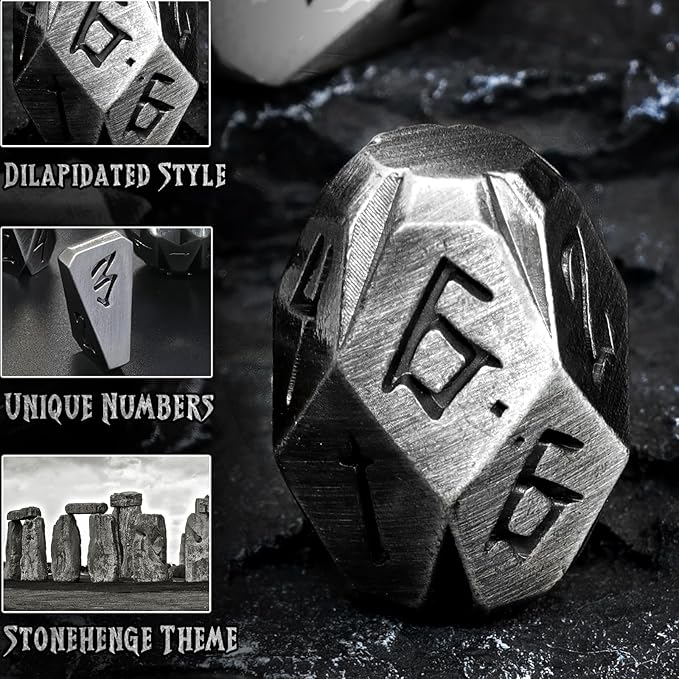 Metal Dice Set for DND, ZHOORQI 7 Pcs Polyhedral Dice, Perfect for Dungeons and Dragons, RPG Role Playing Games - Unique Cool Dice with Stonehenge Themed Design for Games Gifts（JS-Silver）