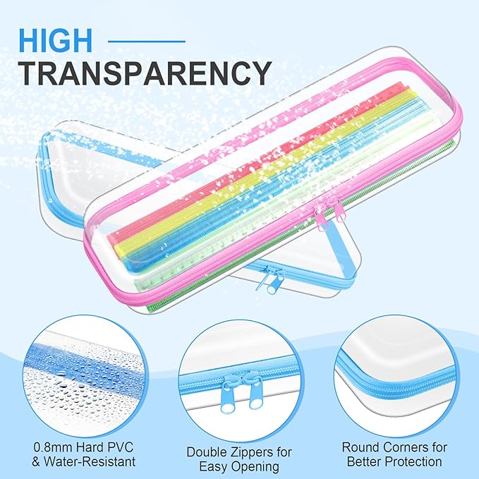 Hoolerry 4 Pcs Hard Clear Zipper Case Transparent Cases for Snacks Makeup Bag Plastic Storage Box Containers for Building Blocks, Puzzles, Cosmetics (Pastel,13.2 x 4.7 x 2.4 in)